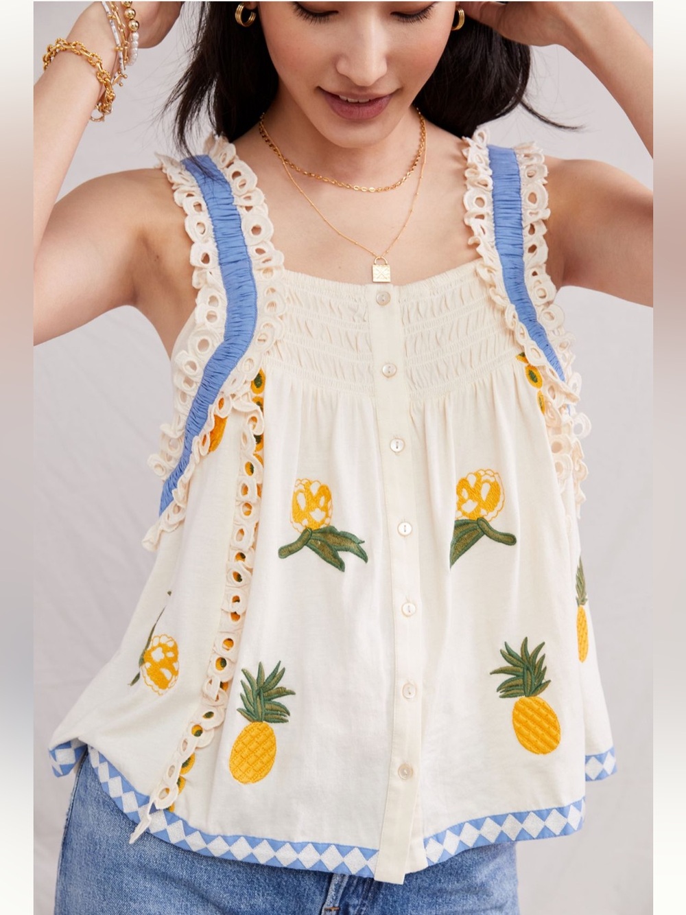 NWT Anthropologie Pineapple Ruffled Tank, M